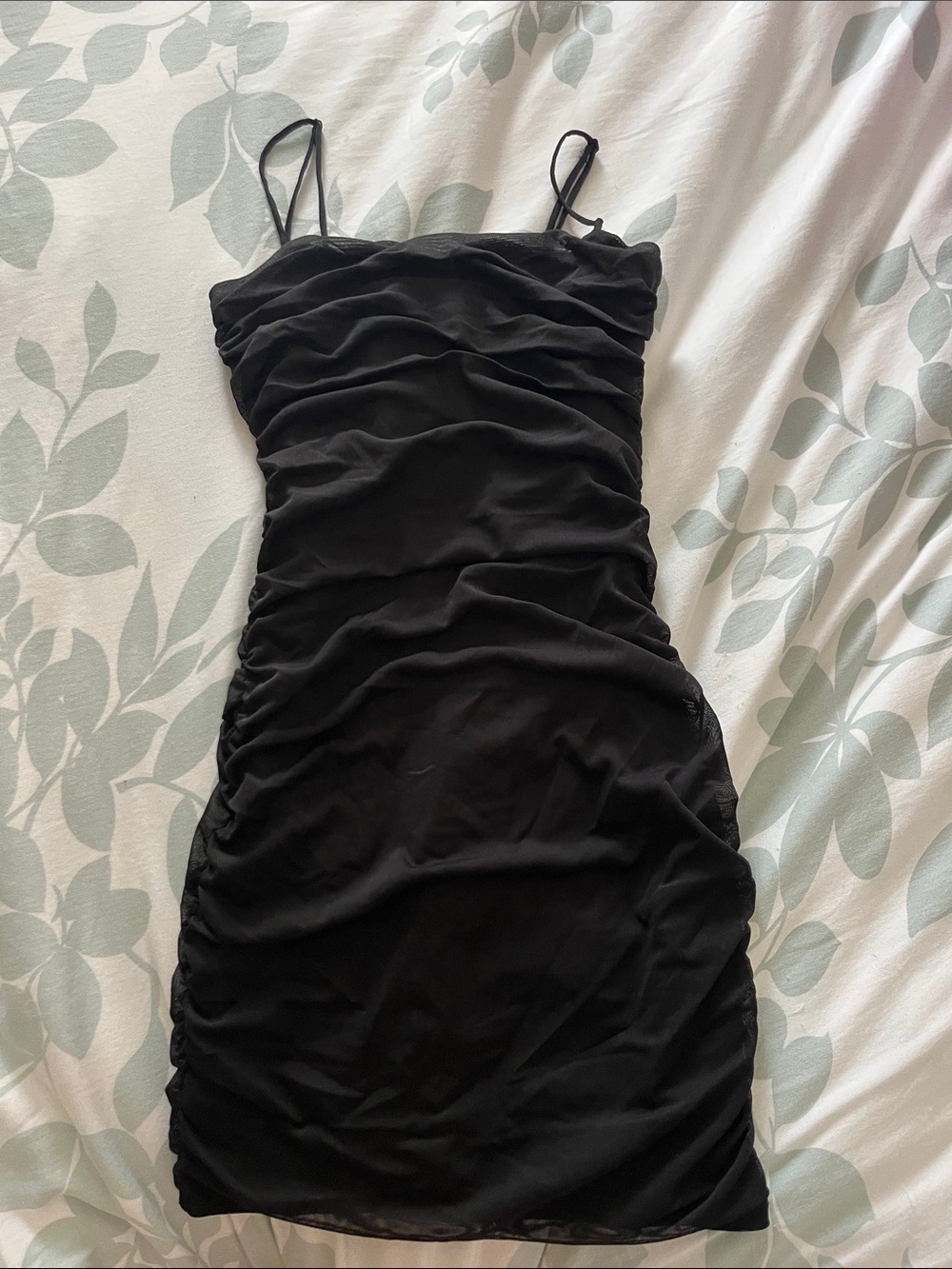 Garage Black Ruched Mini Dress with Spaghetti Straps